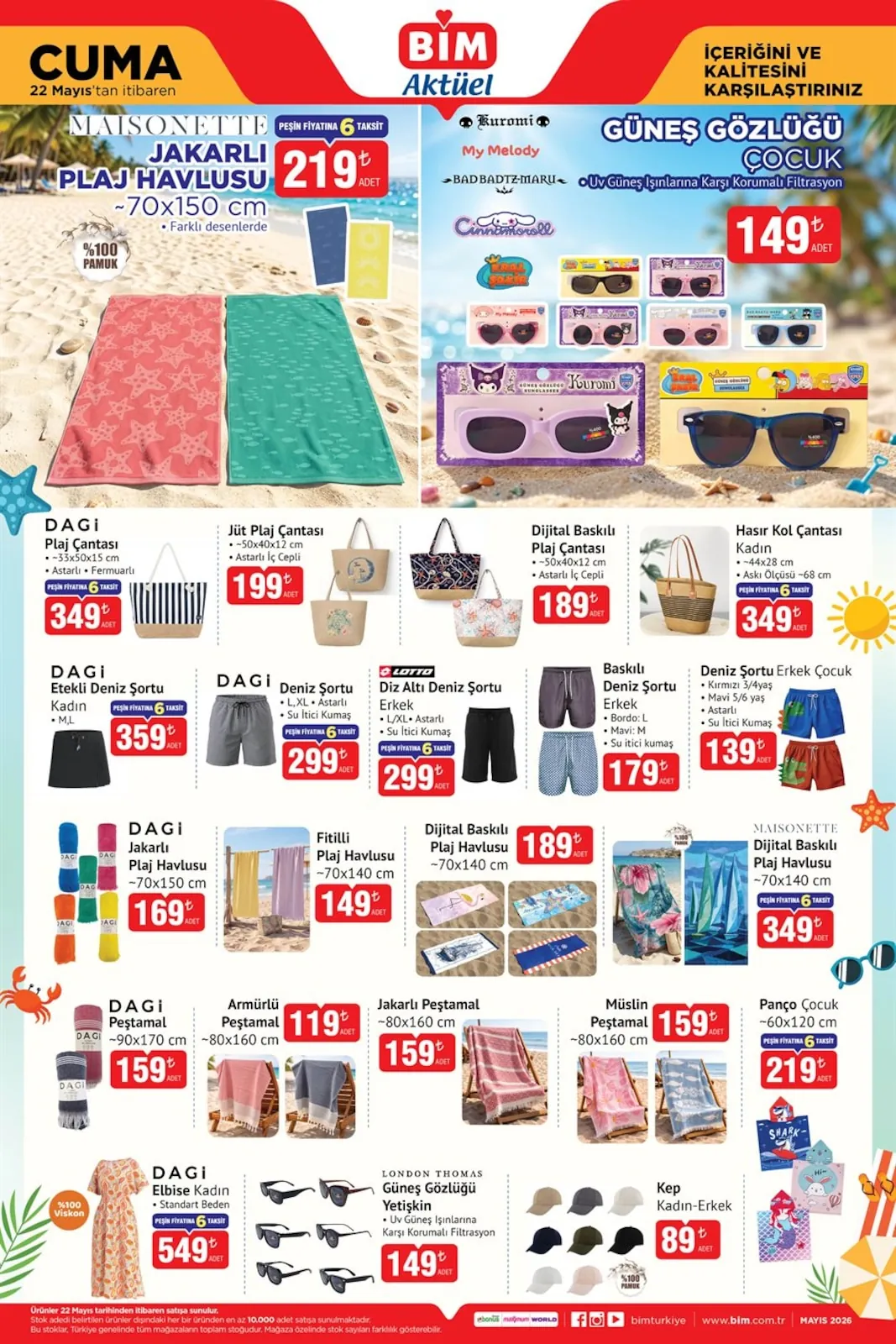 BİM Bim 22 Mayıs 2026 Aktüel Kataloğu sayfa 5: Dijital Baskılı Plaj Çantası ~50X40X12 Cm (Astarli İç Cepli) Adet, Maisonette Jakarli Plaj Havlusu ~70X150 Cm (Farklı Desenlerde) Adet