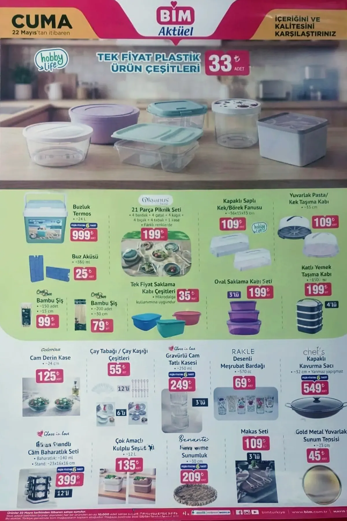 BİM BİM 22 Mayıs 2026 Aktüel Ürünler Kataloğu sayfa 7: Yuvarlak Pasta/Kek Taşıma Kabı - 33 Cm, Rakle Desenli Meşrubat Bardağı - 570 Cc