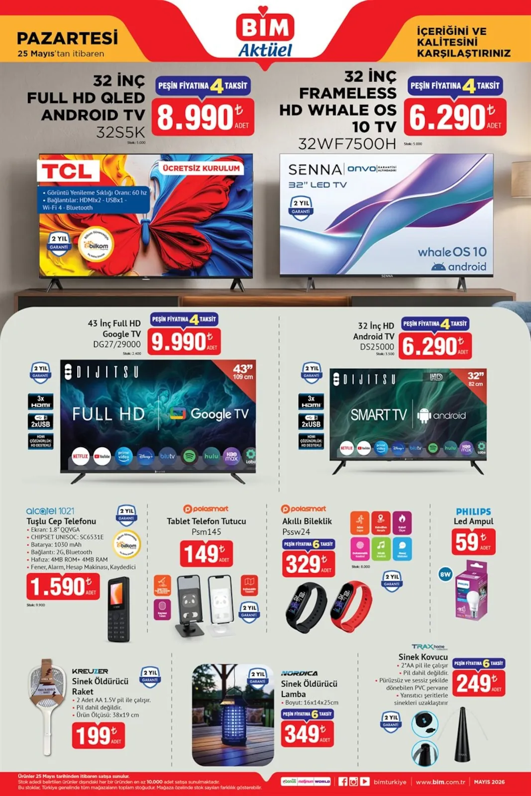 BİM Bim 25 Mayıs 2026 Aktüel Kataloğu sayfa 2: Alcatel 1021 Tuşlu Cep Telefonu Adet, Tcl 32Inc Full Hd Qled Android Tv 32S5K Adet