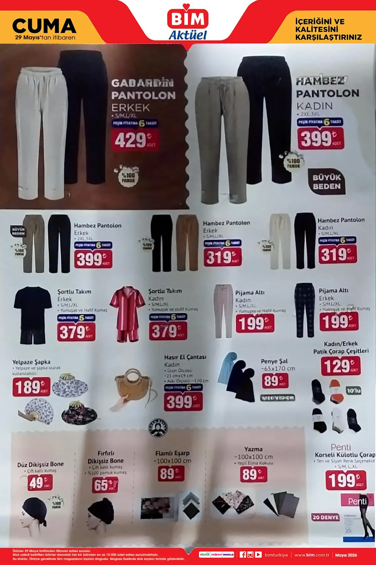 BİM BİM 29 Mayıs 2026 Aktüel Ürünler Kataloğu sayfa 5: Pijama Altı Kadın S/M/L/Xl, Yazma 100X100 Cm