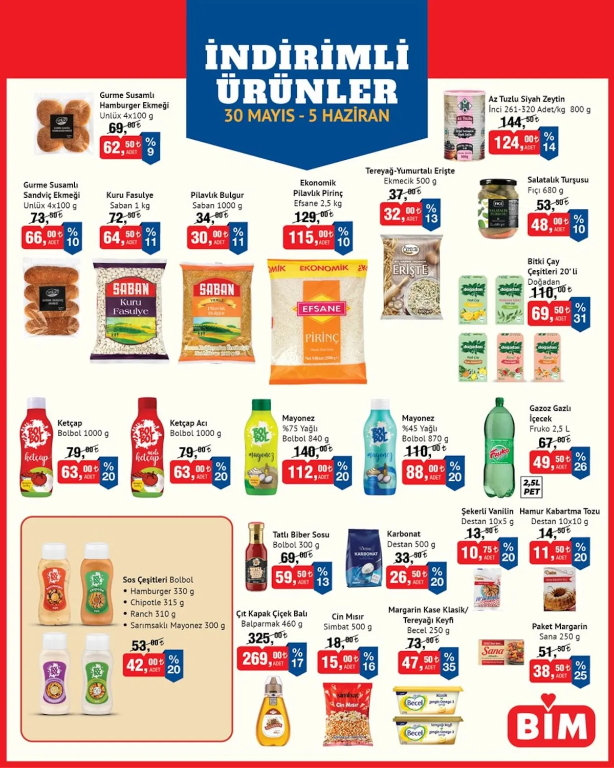 BİM Bim 30 Mayıs 2026 Aktüel Kataloğu sayfa 1: Becel Margarin Kase Klasik Tereyağı Keyfi 250G, Bolbol Mayonez %75 Yağlı 840G