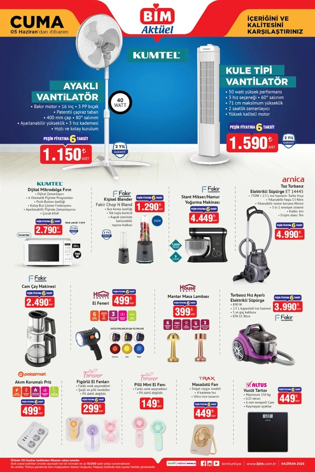 BİM Bim 5 Haziran 2026 Aktüel Kataloğu sayfa 1: Kumtel Dijital Mikrodalga Fırın 20 L, Fakir Kişisel Blender Fakir Chop N Blend 350 W