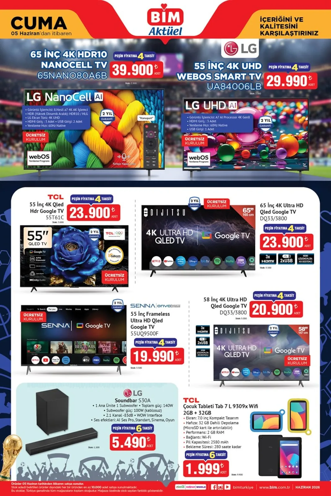 BİM Bim 5 Haziran 2026 Aktüel Kataloğu sayfa 2: Senna Onvo 55 İnç Frameless Ultra Hd Qled Google Tv 55Uq9500F, Tcl Çocuk Tableti Tab 7 L 9309X Wifi 2Gb + 32Gb