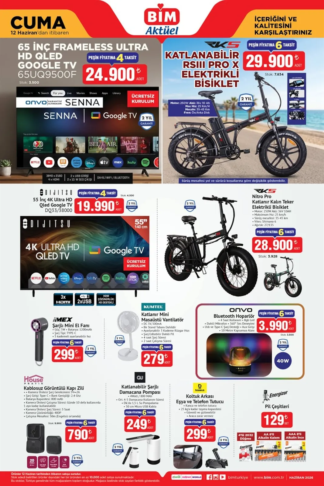 BİM Bim 12 Haziran 2026 Aktüel Kataloğu sayfa 1: 55 İnç 4K Ultra Hd Qled Google Tv Dq33/38000, Koltuk Arkası Eşya Ve Telefon Tutucu