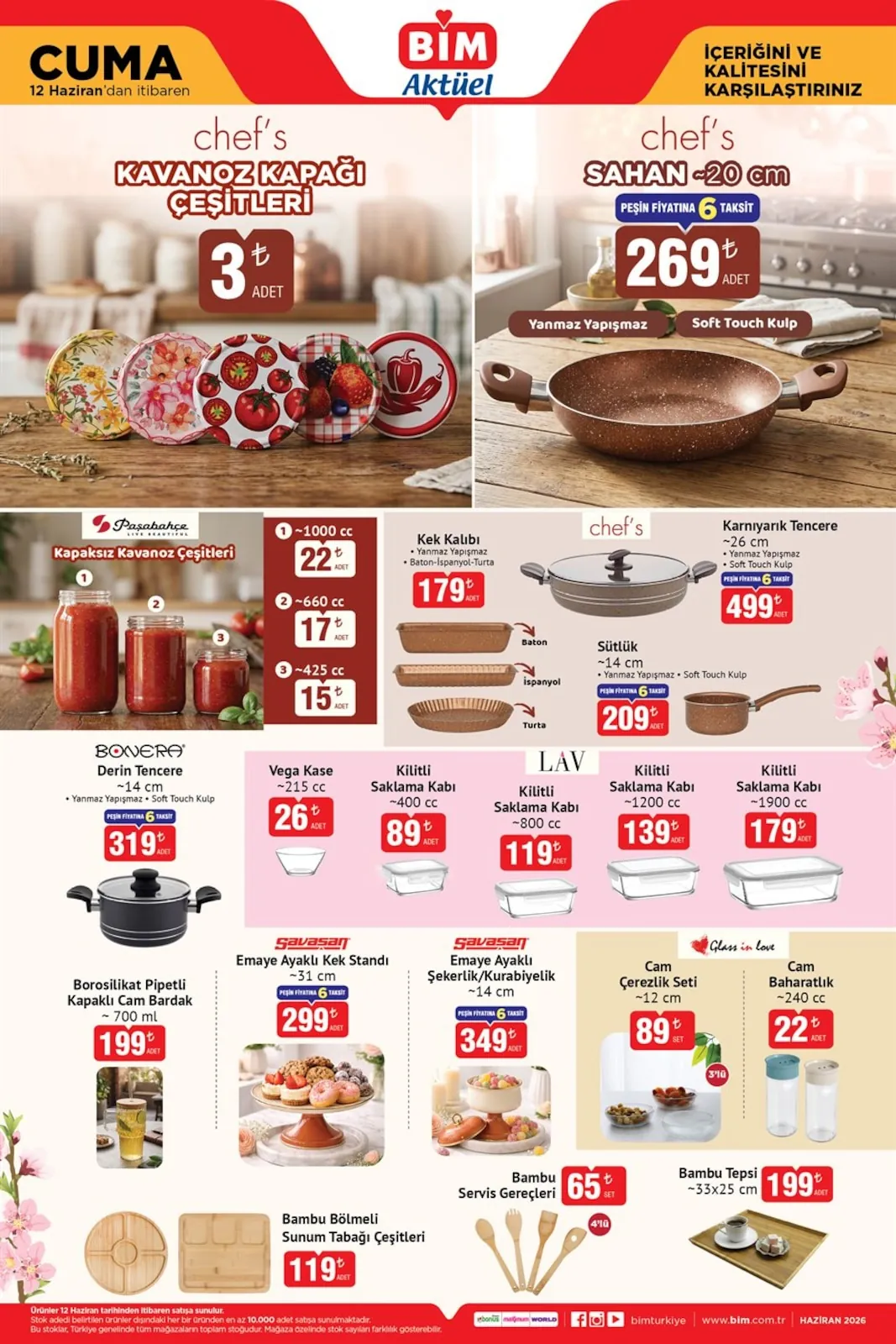 BİM Bim 12 Haziran 2026 Aktüel Kataloğu sayfa 3: Savaasan Emaye Ayaklı Şekerlik/Kurabiyelik ~14 Cm, Savaasan Emaye Ayaklı Kek Standı ~31 Cm