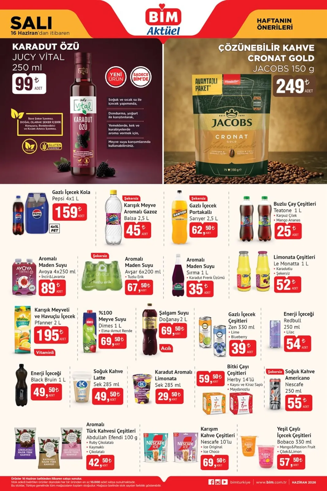 BİM Bim 16 Haziran 2026 Aktüel Kataloğu sayfa 3: Jacobs Cronat Gold Çözünebilir Kahve 150 G, Black Bruin Enerji İçeceği 1 L