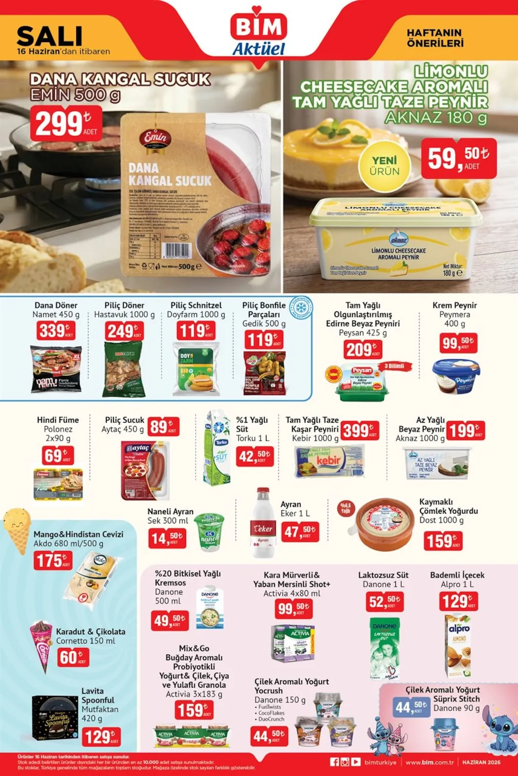 BİM Bim 16 Haziran 2026 Aktüel Kataloğu sayfa 4: Emin Dana Kangal Sucuk 500G, Aknaz Limonlu Cheesecake Aromalı Tam Yağlı Taze Peynir 180G