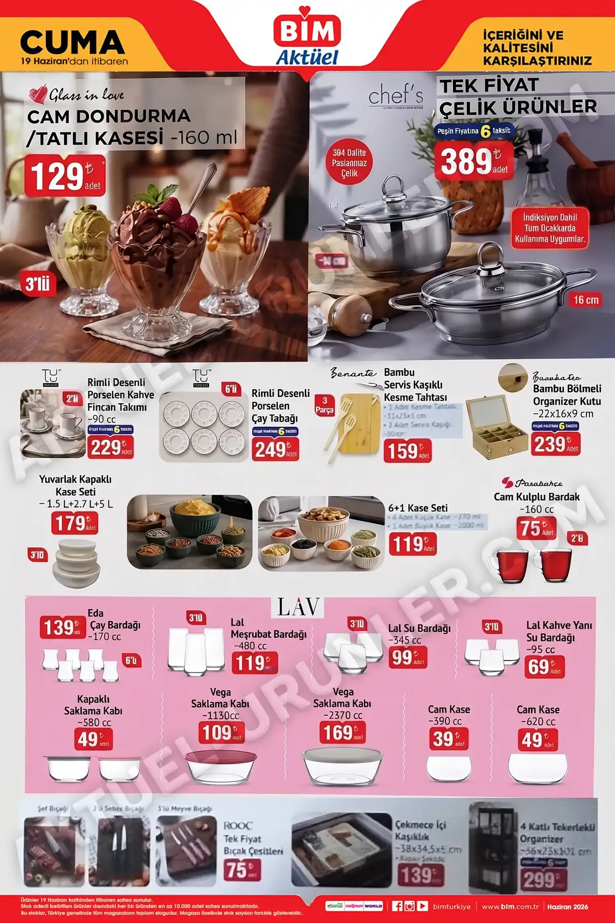 BİM BİM 19 Haziran 2026 Aktüel Ürünler Kataloğu sayfa 1: Çekmece İçi Kaşıklık - 38X34,5X5 Cm, 6'Lı Rimli Desenli Porselen Çay Tabağı