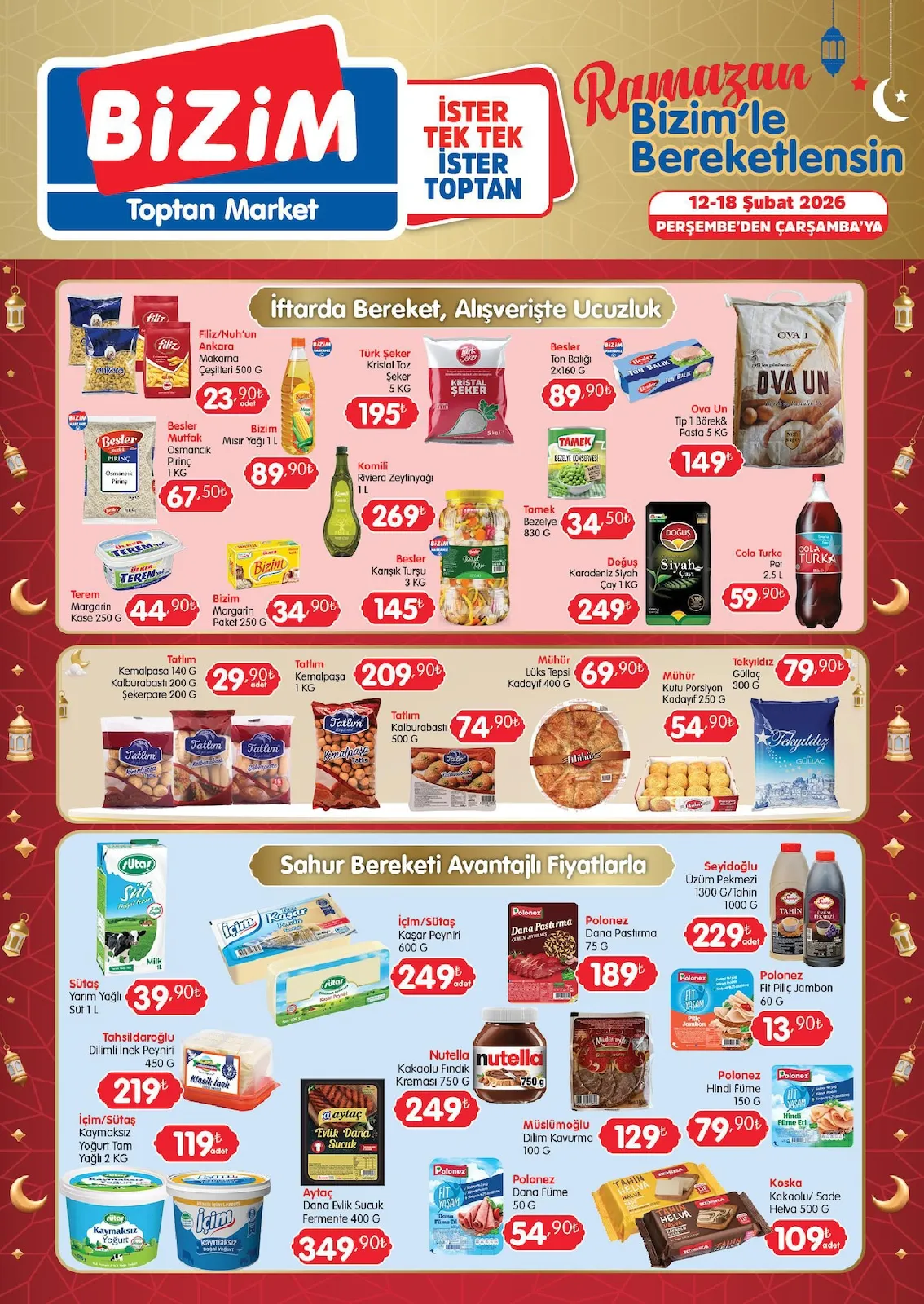 Bizim Bizim Toptan 12 Şubat 2026 Aktüel Kataloğu sayfa 1: İçim/Sütaş Kaşar Peyniri 600 G, Tamek Bezelye 830 G
