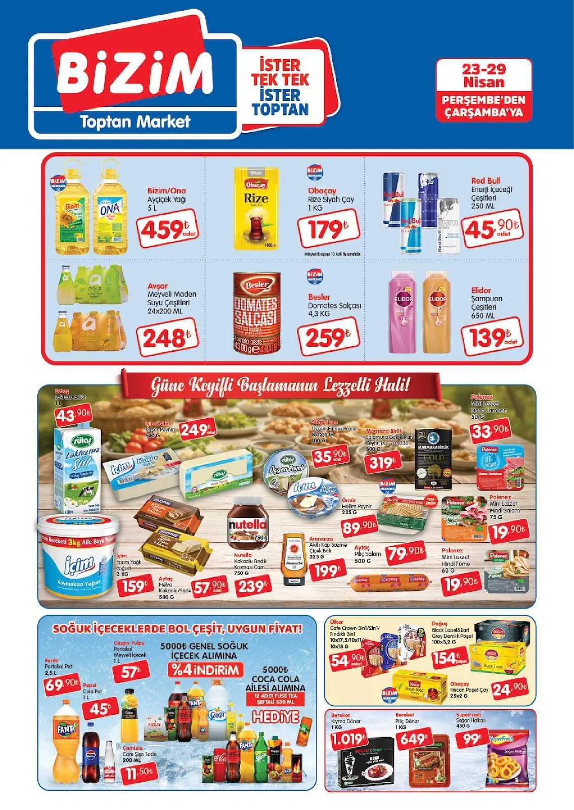 Bizim Bizim Toptan 23 Nisan 2026 Aktüel Kataloğu sayfa 1: Avşar Meyveli Maden Suyu Çeşitleri 24X200 Ml, Obaçay Rize Siyah Çay 1 Kg