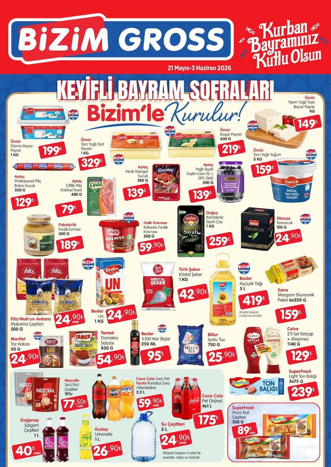 Bizim Bizim Gross 21 Mayıs 2026 Aktüel Kataloğu sayfa 1: Türk Şeker Kristal Şeker 1Kg, Ömür Kaşar Peyniri 600G