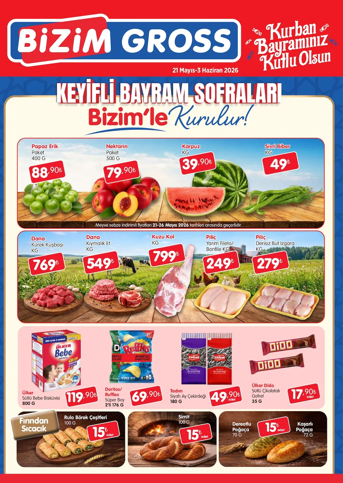 Bizim Bizim Gross 21 Mayıs 2026 Aktüel Kataloğu sayfa 3: Ülker Bebe Sütlü Bebé Bisküvisi 800 G, Ülker Dido Sütlü Çikolatalı Gofret 35 G