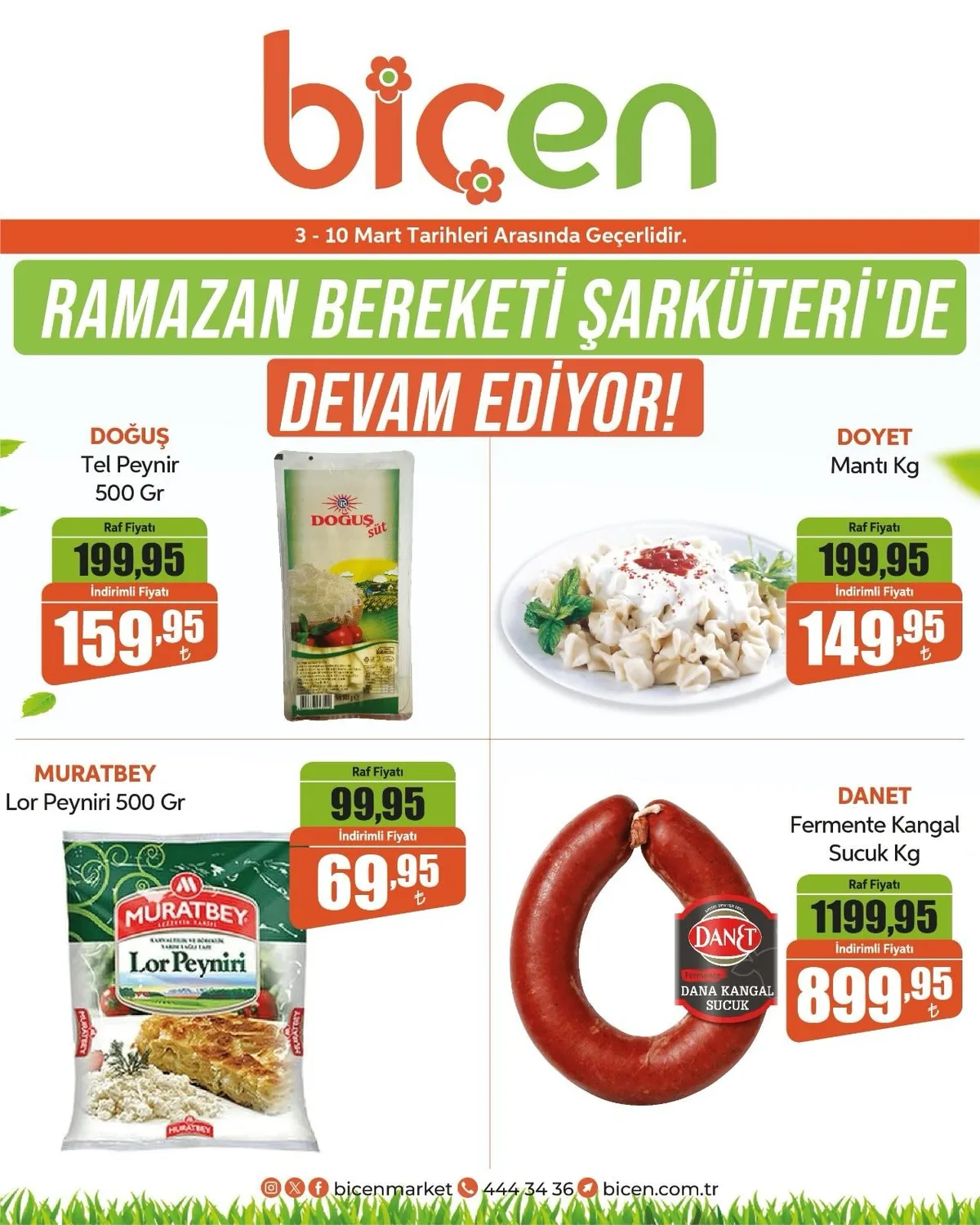 Biçen Biçen Market 3 Mart 2026 Aktüel Kataloğu sayfa 5: Danet Fermente Kangal Sucuk Kg, Doğuş Tel Peynir 500 Gr