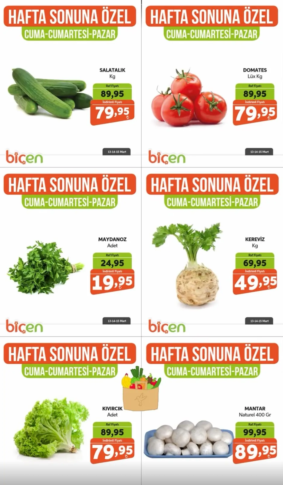Biçen Biçen Market 13 Mart 2026 Aktüel Kataloğu sayfa 3: Kereviz Kg, Mantar Naturel 400 Gr