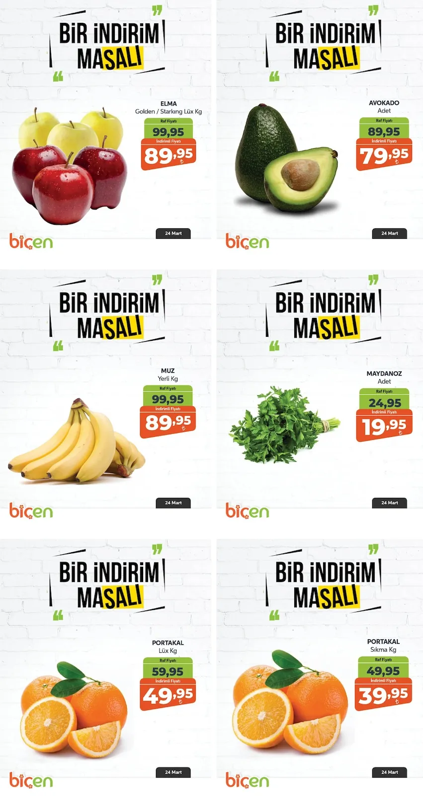 Biçen Biçen Market 24 Mart 2026 Aktüel Kataloğu sayfa 1: Portakal Sıkma Kg, Elma Golden / Starking Lüx Kg
