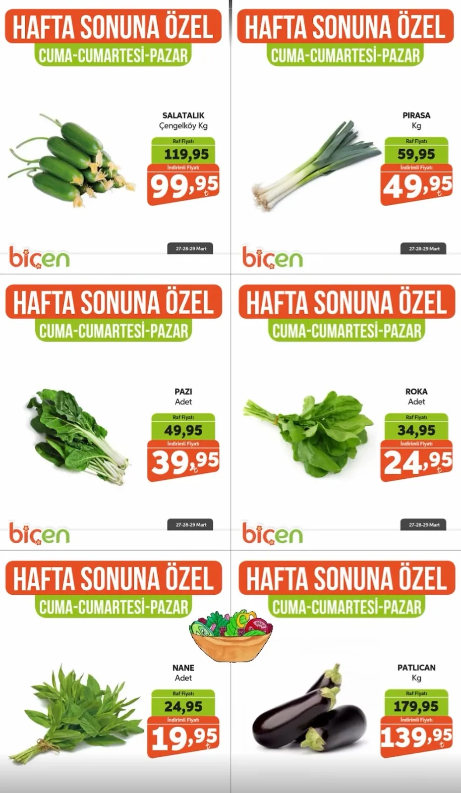 Biçen Biçen Market 27 Mart 2026 Aktüel Kataloğu sayfa 3: Roka Adet, Pırasa Kg