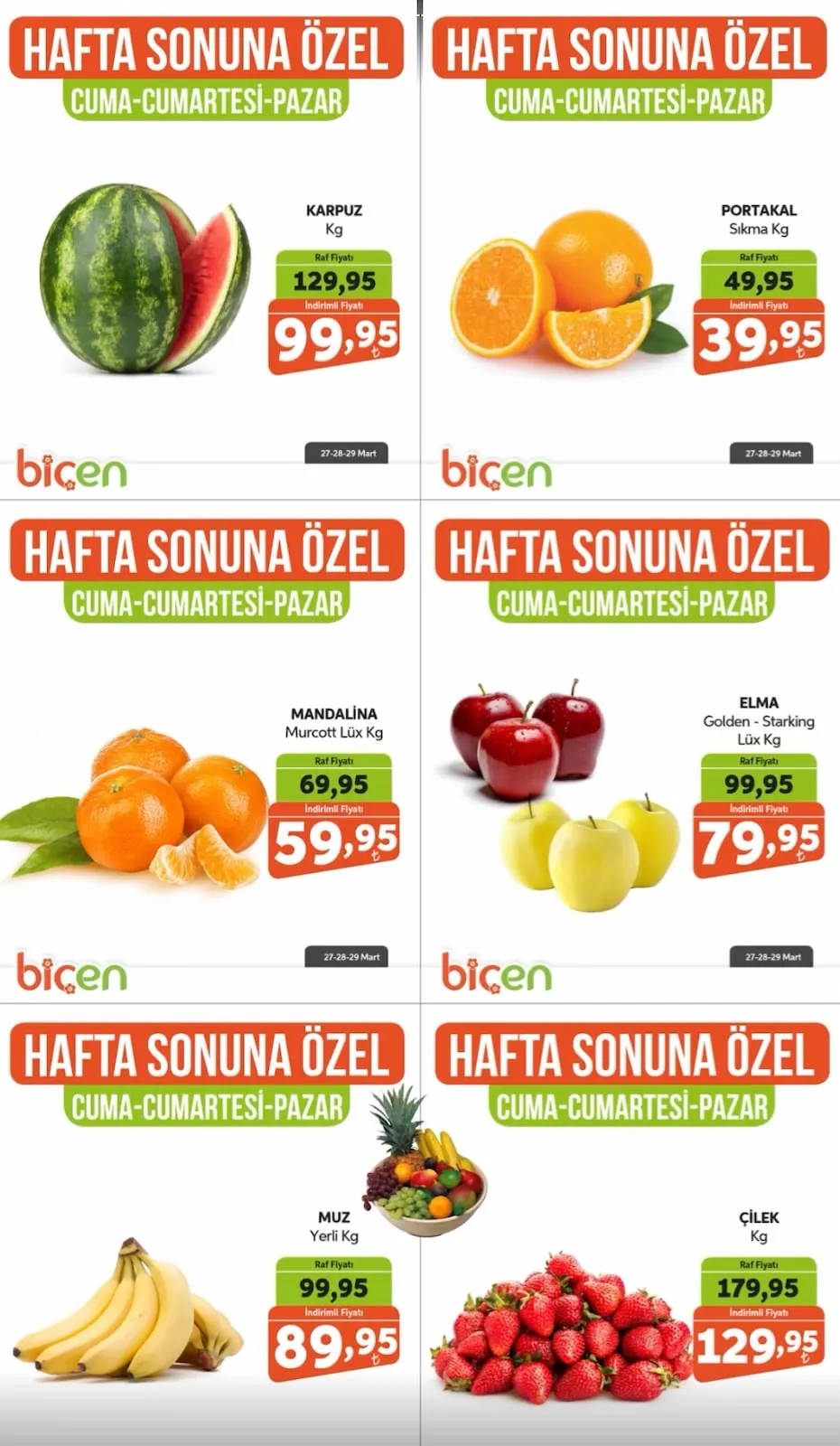 Biçen Biçen Market 27 Mart 2026 Aktüel Kataloğu sayfa 4: Elma Golden - Starking Lüks Kg, Portakal Sıkma Kg