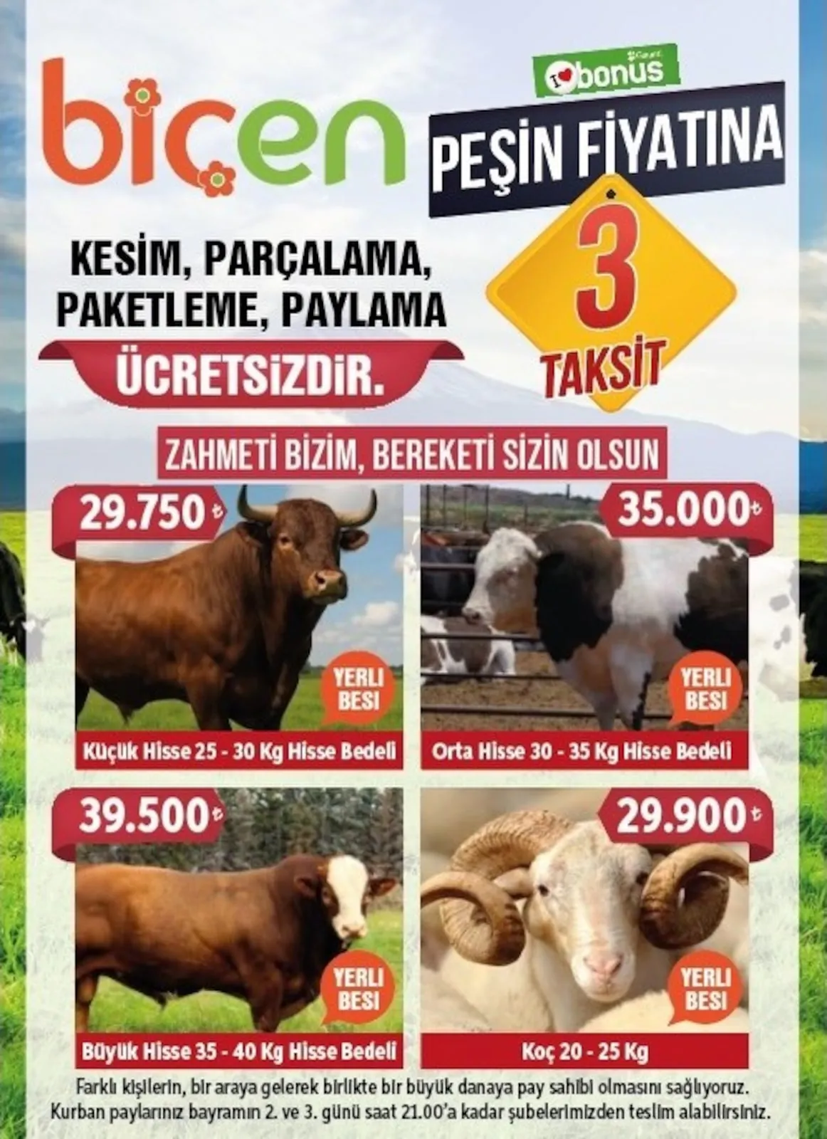 Biçen Biçen Market 3 Mayıs 2026 Aktüel Kataloğu sayfa 1: Koç 20-25 Kg, Büyük Hisse 35-40 Kg Hisse Bedeli