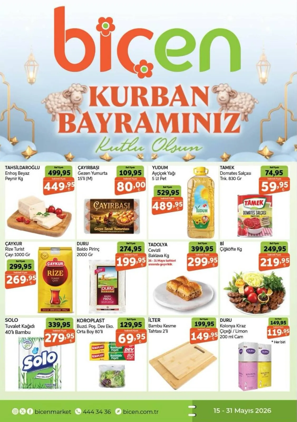 Biçen Biçen Market 15 Mayıs 2026 Aktüel Kataloğu sayfa 1: Tahıldaroğlu Enhoş Beyaz Peynir 1 Kg, Çayırbaşı Gezen Yumurta 15'Li (M)