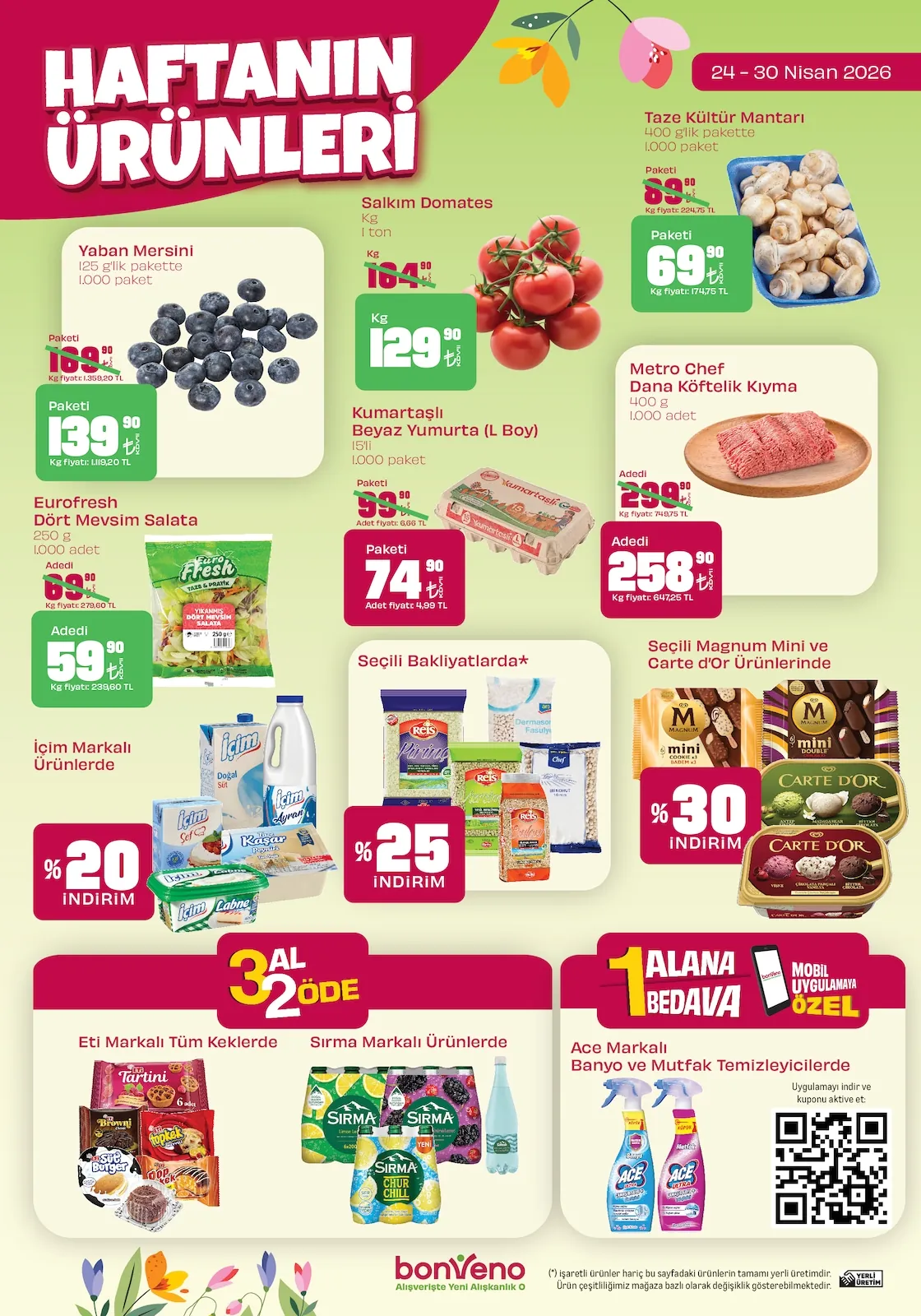 Bonveno Bonveno 24 Nisan 2026 Aktüel Kataloğu sayfa 1: Taze Kültür Mantarı 400G, Eurofresh Dört Mevsim Salata 250G