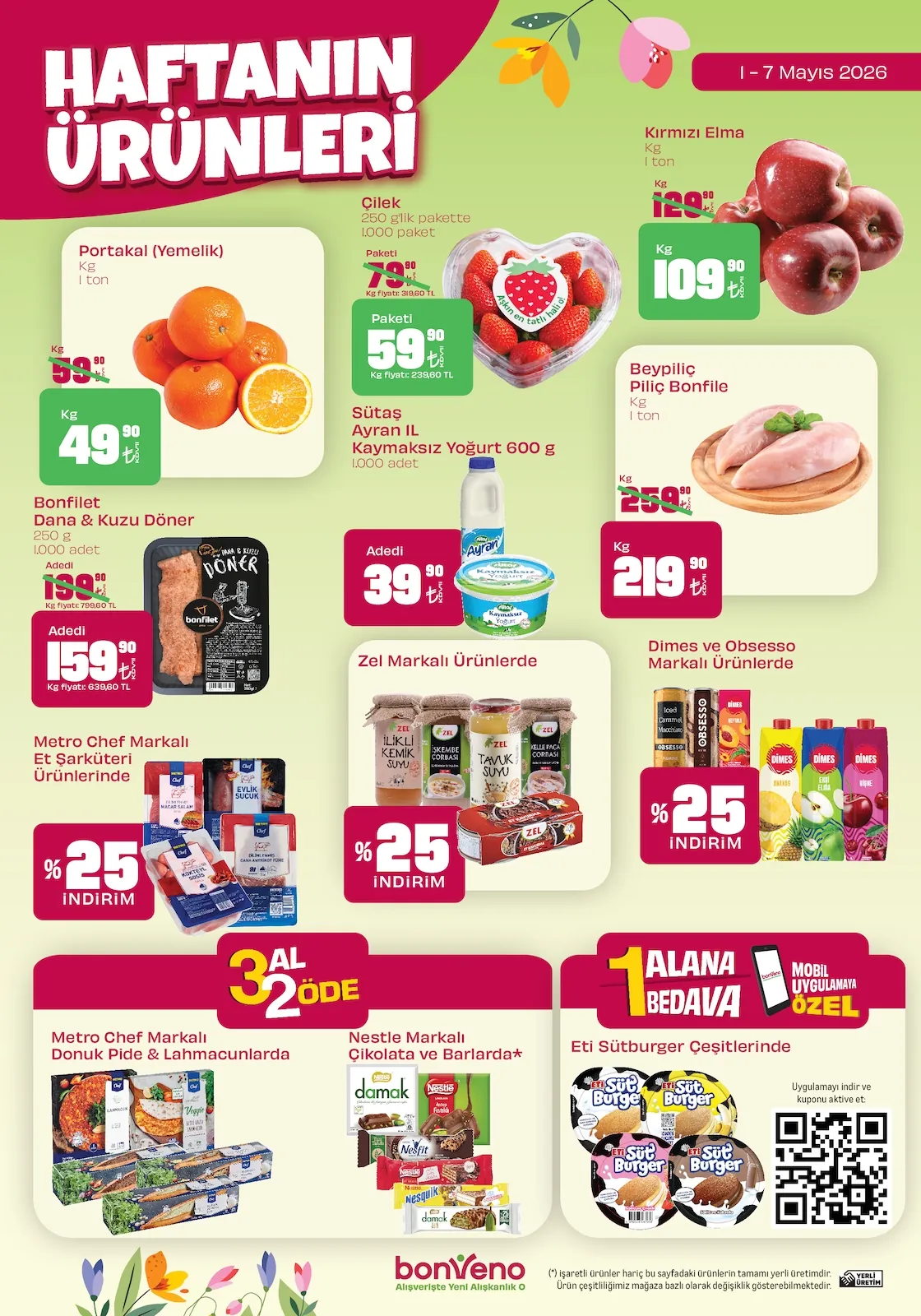 Bonveno Bonveno 1 Mayıs 2026 Aktüel Kataloğu sayfa 1: Kirmizi Elma 1 Kg, Bonfilet Dana & Kuzu Doner 250 G