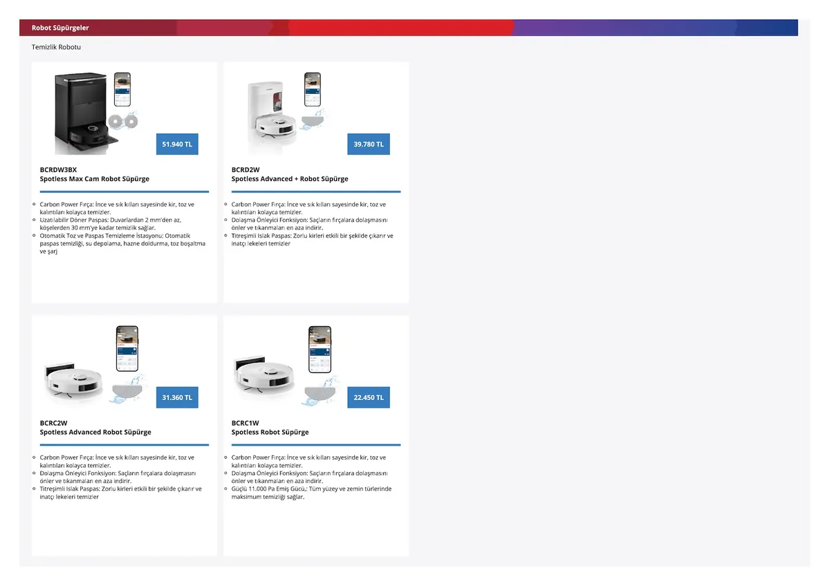 Bosch Bosch 4 Mayıs 2026 Aktüel Kataloğu sayfa 36: Bosch Bcrb3Wx Spotless Max Cam Robot Süpürge, Bosch Bcrd2W Spotless Advanced Robot Süpürge