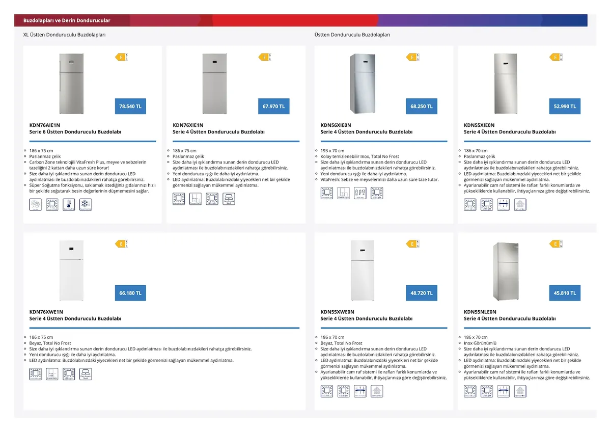 Bosch Bosch 4 Mayıs 2026 Aktüel Kataloğu sayfa 9: Kdn76Xwe1N Serie 4 Üstten Donduruculu Buzdolabı, Kdn55Xwe0N Serie 4 Üstten Donduruculu Buzdolabı