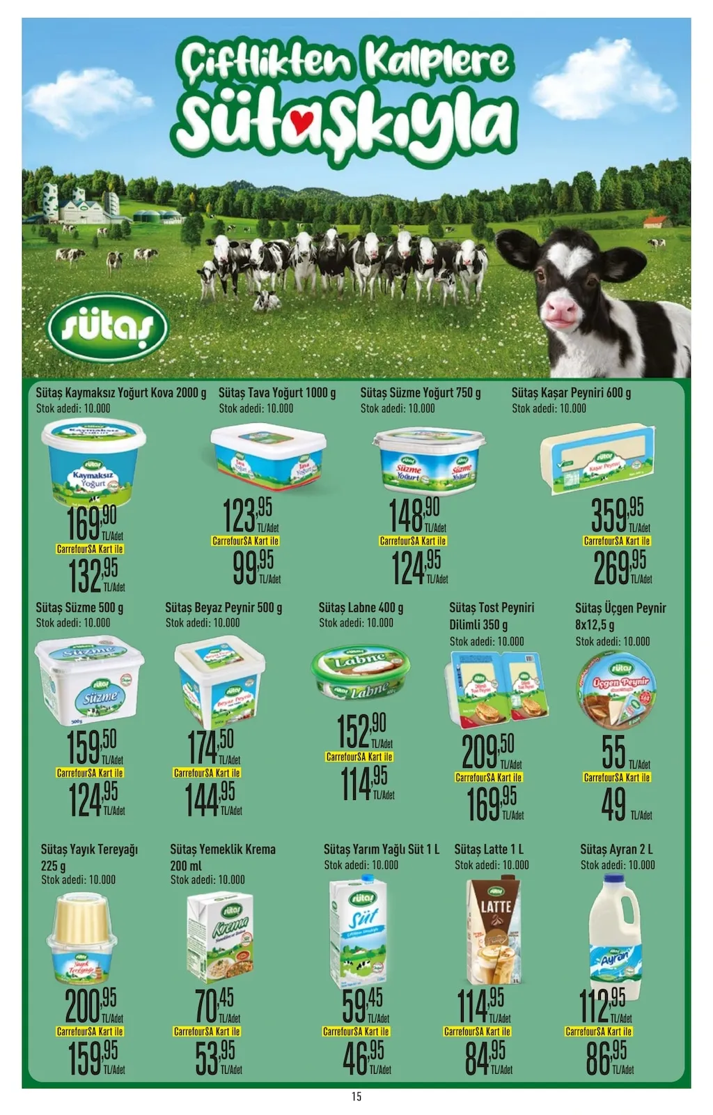 CarrefourSA CarrefourSA 9 Şubat 2026 Aktüel Kataloğu sayfa 15: Sütaş Tost Peyniri Dilimli 350 G, Sütaş Yarım Yağlı Süt 1 L