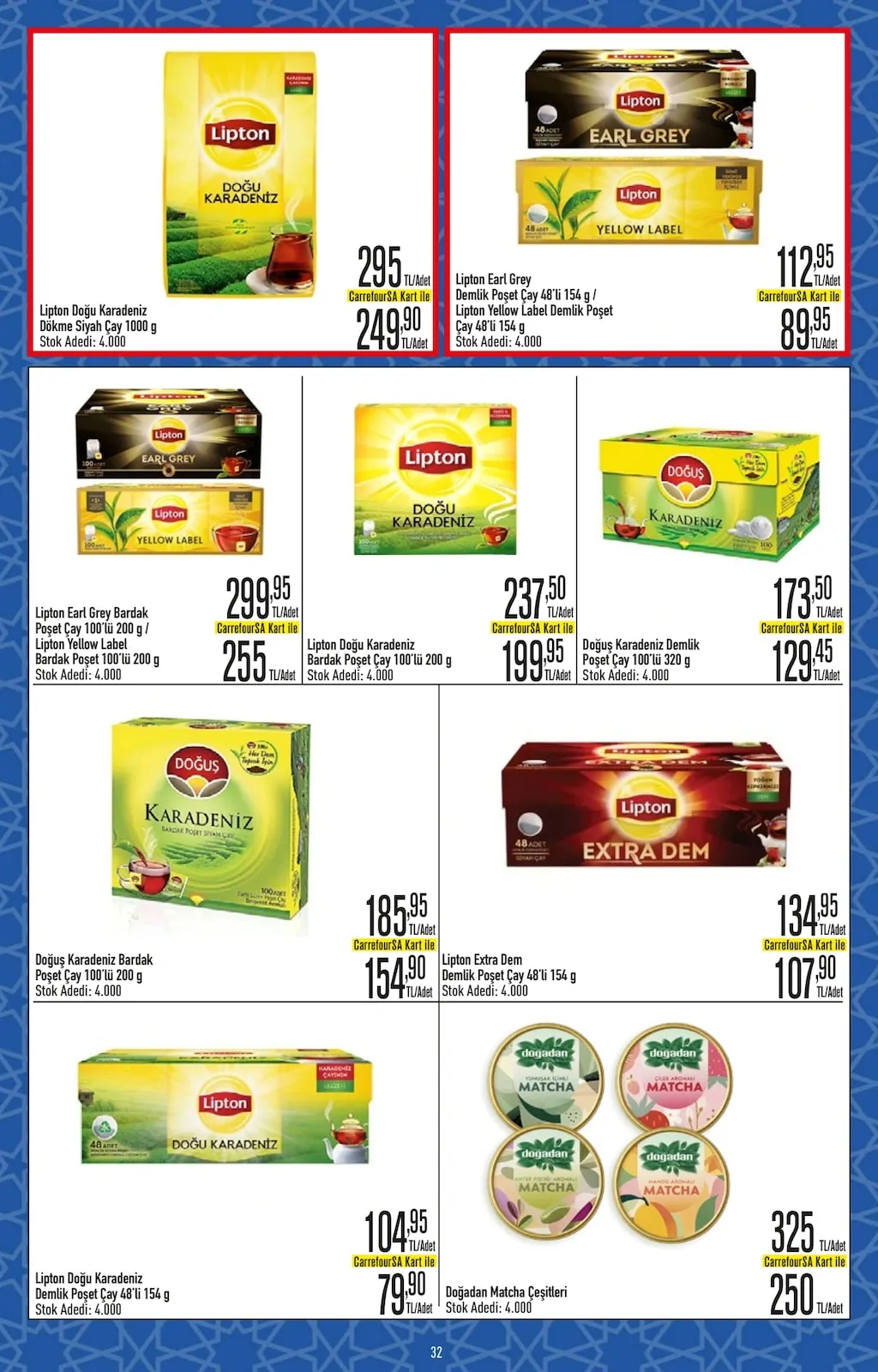 CarrefourSA CarrefourSA 9 Şubat 2026 Aktüel Kataloğu sayfa 32: Lipton Earl Grey Bardak Poşet Çay 100'Lü 200 G / Lipton Yellow Label Bardak Poşet 100'Lü 200 G, Doğadan Matcha Çeşitleri