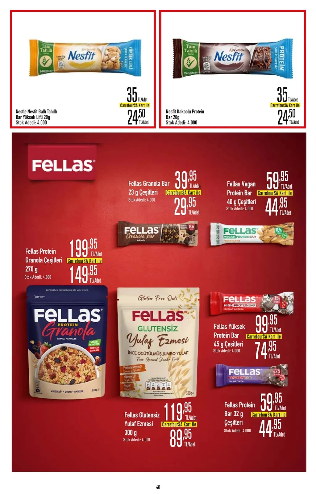 CarrefourSA CarrefourSA 9 Şubat 2026 Aktüel Kataloğu sayfa 40: Nesfit Kakaolu Protein Bar 20G, Nestle Nesfit Ballı Tahıllı Bar Yüksek Lifli 20G
