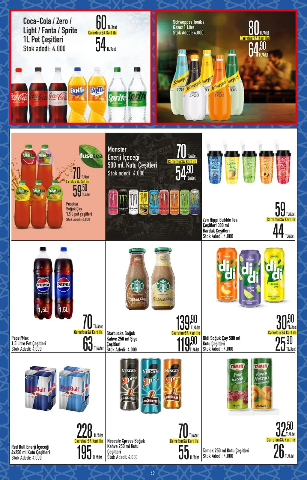 CarrefourSA CarrefourSA 9 Şubat 2026 Aktüel Kataloğu sayfa 42: Starbucks Soğuk Kahve 250 Ml Şişe Çeşitleri, Schweppes Tonik / Gazoz 1 Litre