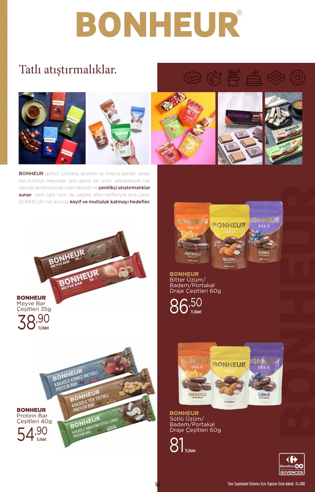 CarrefourSA CarrefourSA 9 Şubat 2026 Aktüel Kataloğu sayfa 50: Bonheur Meyve Bar Çeşitleri 35G, Bonheur Bitter Üzüm/Badem/Portakal Draje Çeşitleri 60G