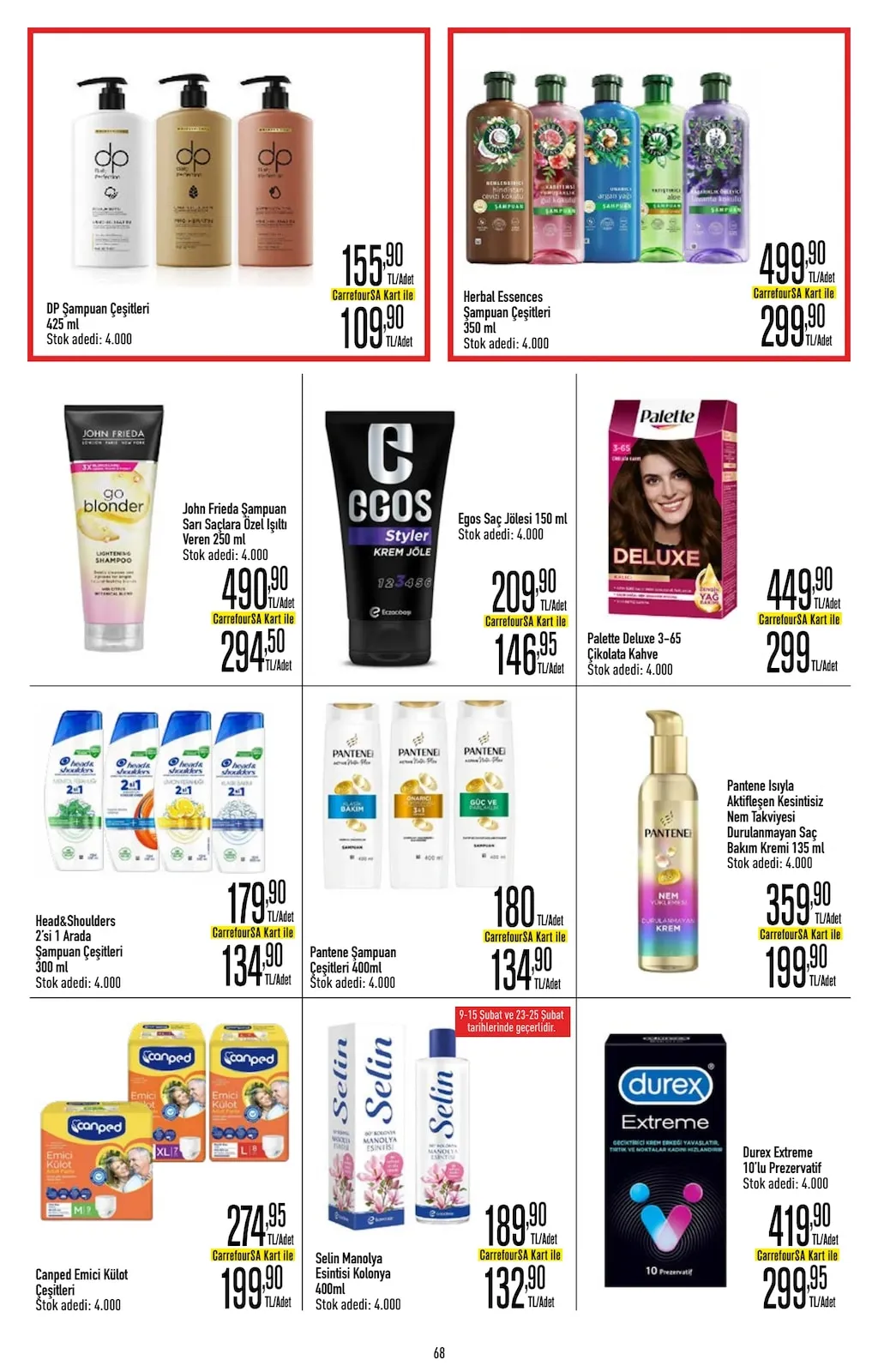 CarrefourSA CarrefourSA 9 Şubat 2026 Aktüel Kataloğu sayfa 68: Pantene Şampuan Çeşitleri 400Ml, Egos Saç Jölesi 150 Ml