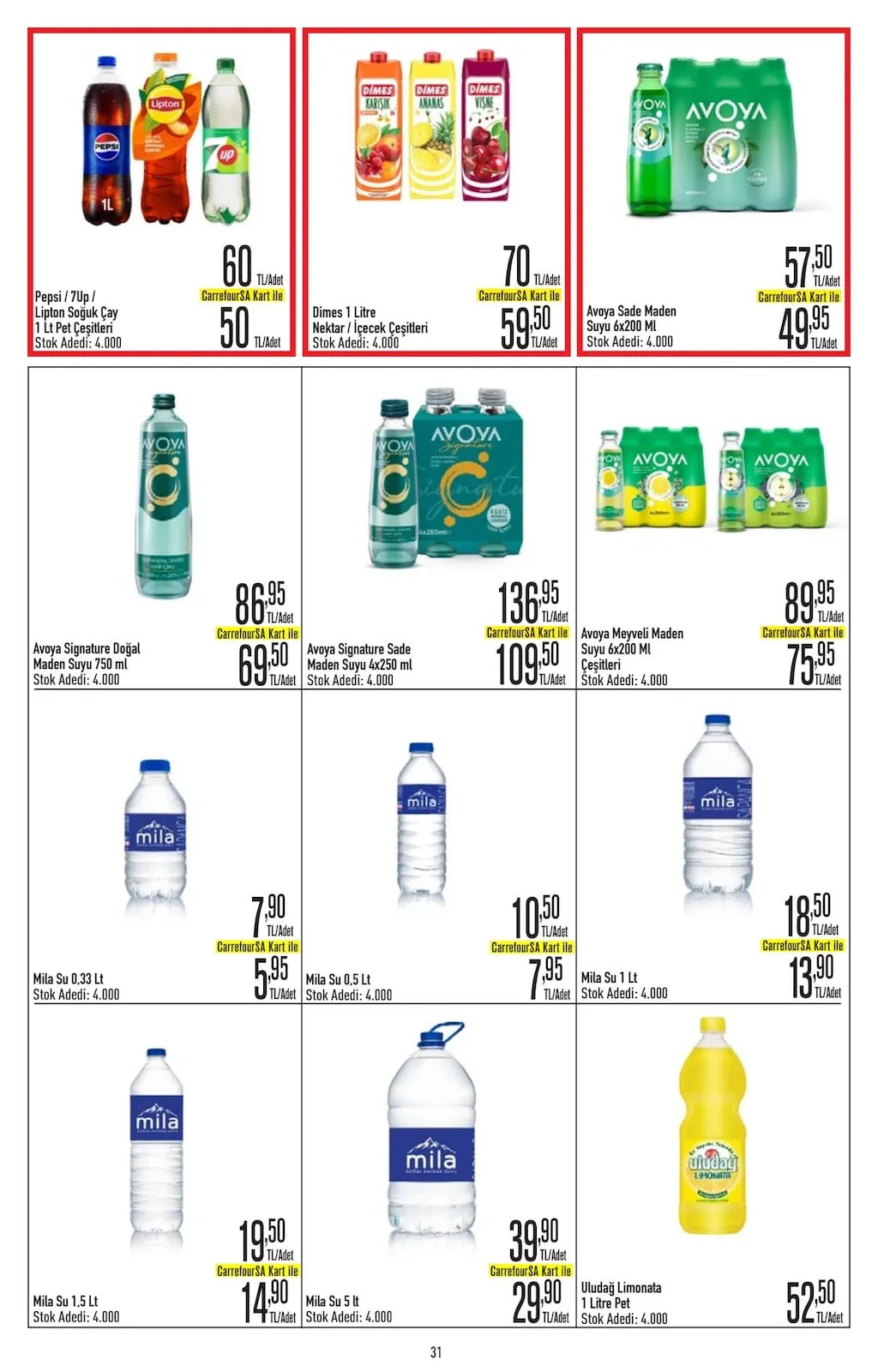 CarrefourSA CarrefourSA 9 Mart 2026 Aktüel Kataloğu sayfa 31: Avoya Signature Sade Maden Suyu 4X250 Ml, Mila Su 5 Lt