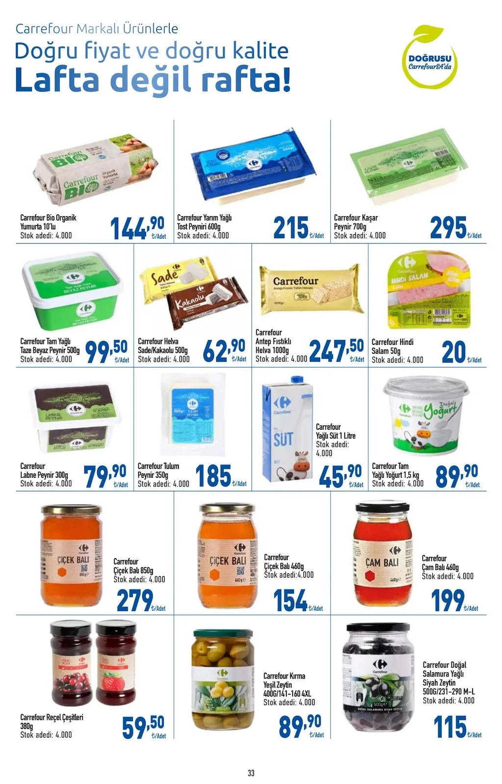 CarrefourSA CarrefourSA 9 Mart 2026 Aktüel Kataloğu sayfa 33: Carrefour Helva Sade/Kakao'Lu 500G, Carrefour Kırma Yeşil Zeytin 400G/141-160 4Xl
