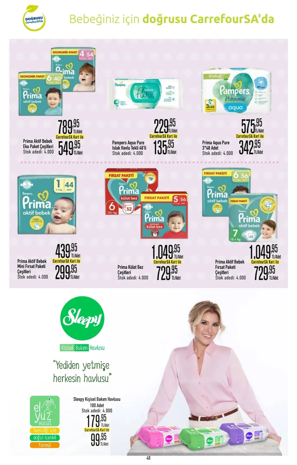 CarrefourSA CarrefourSA 9 Mart 2026 Aktüel Kataloğu sayfa 48: Sleepy Kişisel Bakım Havlusu 100 Adet, Prima Aqua Pure 3*48 Adet
