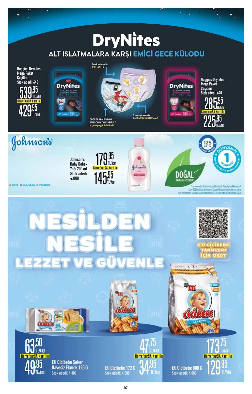CarrefourSA CarrefourSA 9 Mart 2026 Aktüel Kataloğu sayfa 52: Huggies Drynites Mega Paket Çeşitleri, Johnson'S Baby Bebek Yağı 200 Ml