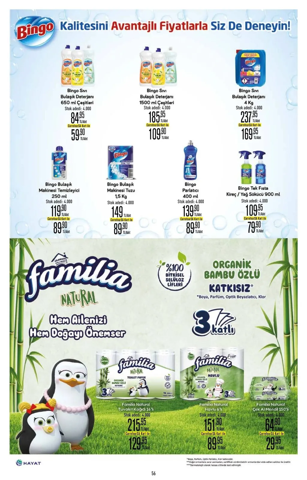 CarrefourSA CarrefourSA 9 Mart 2026 Aktüel Kataloğu sayfa 56: Bingo Sıvı Bulaşık Deterjanı 1500 Ml Çeşitleri, Familia Natural Tuvalet Kağıdı 16'Lı