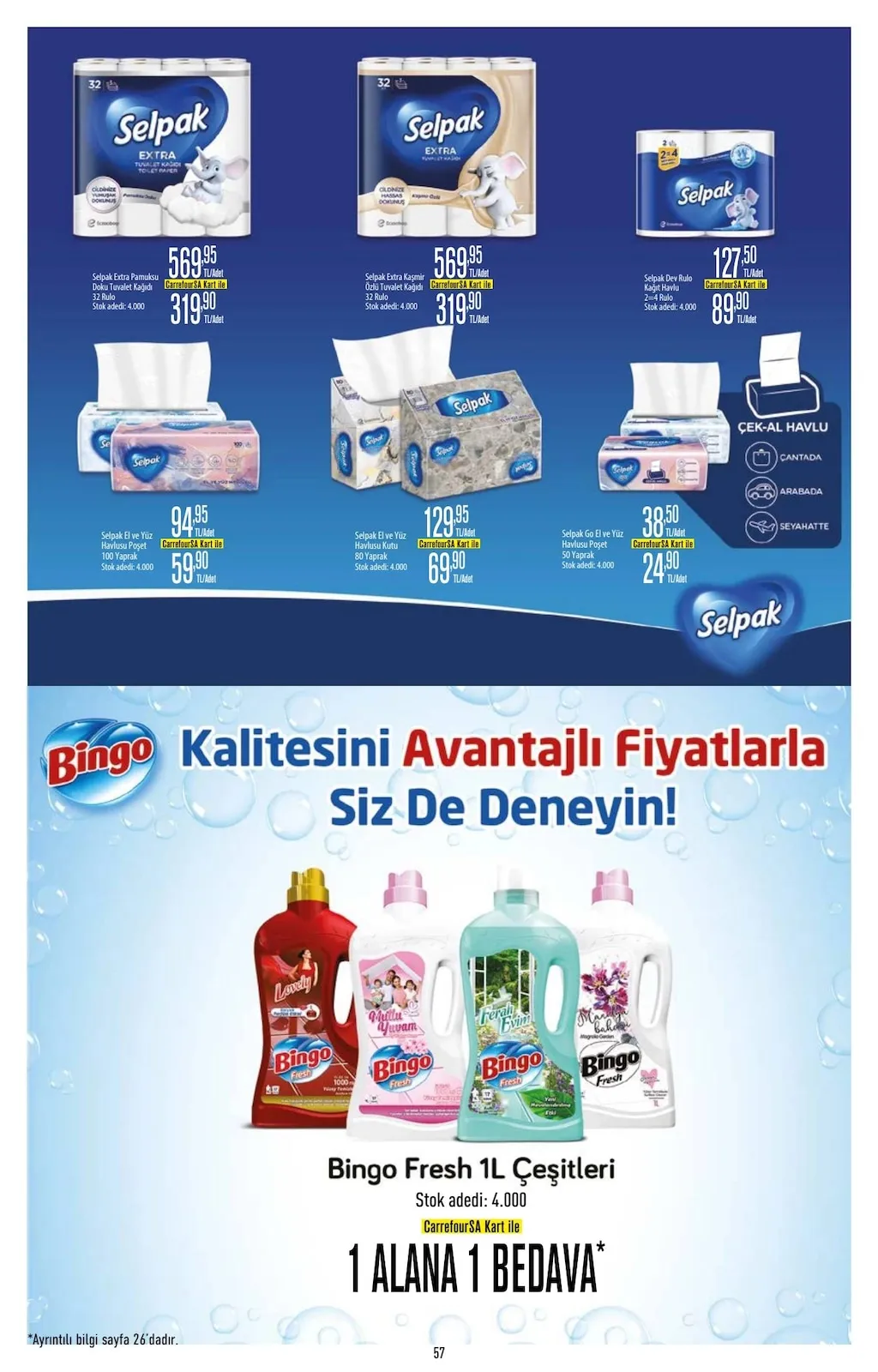 CarrefourSA CarrefourSA 9 Mart 2026 Aktüel Kataloğu sayfa 57: Selpak El Ve Yüz Havlusu Poşet 100 Yaprak, Selpak Dev Rulo Kağıt Havlu 2=4 Rulo
