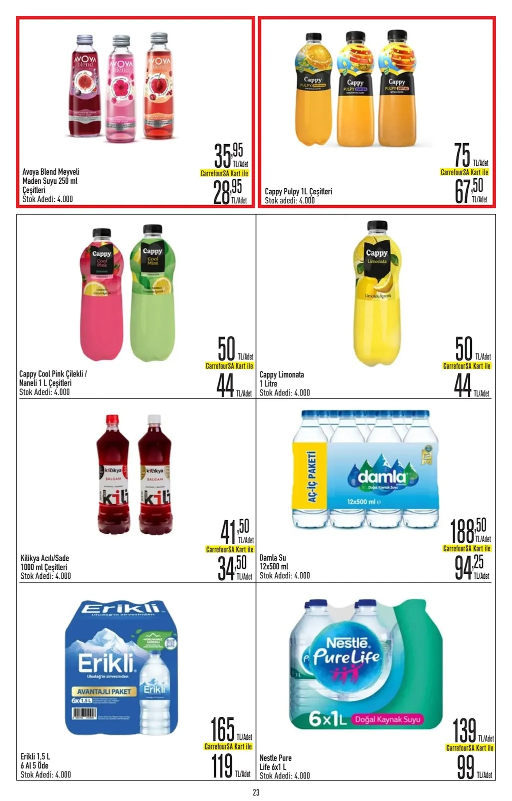 CarrefourSA CarrefourSA 23 Mart 2026 Aktüel Kataloğu sayfa 23: Damla Su 12X500 Ml, Cappy Limonata 1 Litre
