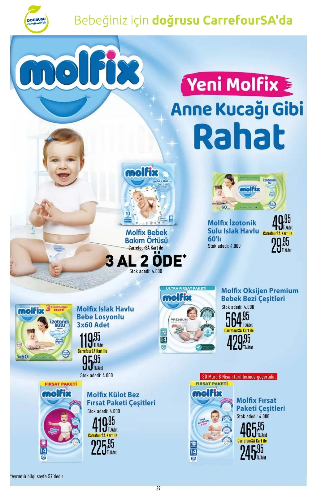 CarrefourSA CarrefourSA 23 Mart 2026 Aktüel Kataloğu sayfa 39: Molfix Oksijen Premium Bebek Bezi Çeşitleri, Molfix İzotonik Sulu Islak Havlu 60'Lı