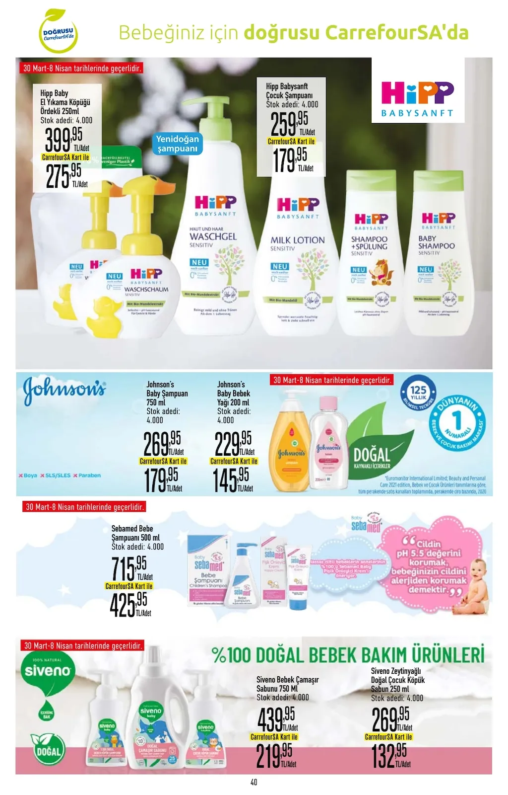 CarrefourSA CarrefourSA 23 Mart 2026 Aktüel Kataloğu sayfa 40: Hipp Babysanft El Yıkama Köpüğü Ördekli 250Ml, Sebamed Bebe Şampuanı 500 Ml