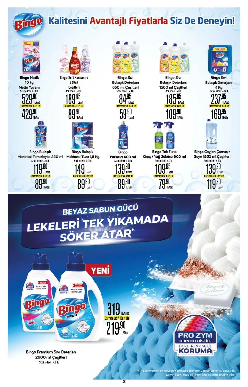 CarrefourSA CarrefourSA 23 Mart 2026 Aktüel Kataloğu sayfa 48: Bingo Sıvı Bulaşık Deterjanı 650 Ml Çeşitleri, Bingo Matik 10 Kg Mutlu Yuvam