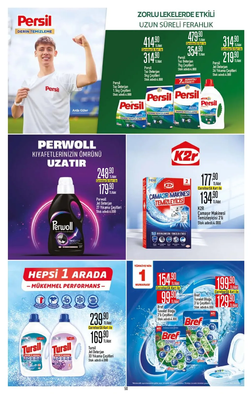 CarrefourSA CarrefourSA 23 Mart 2026 Aktüel Kataloğu sayfa 50: Bref Tuvalet Bloğu 2'Li Çeşitleri, Perwoll Jel Deterjan 27 Yıkama Çeşitleri