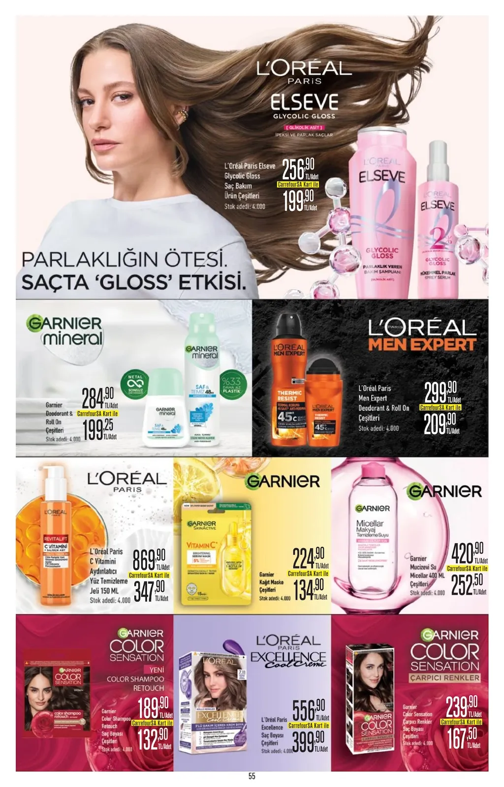 CarrefourSA CarrefourSA 23 Mart 2026 Aktüel Kataloğu sayfa 55: L'Oréal Paris Elseve Glycolic Gloss Saç Bakım Ürün Çeşitleri, L'Oréal Paris Men Expert Deodorant & Roll On Çeşitleri