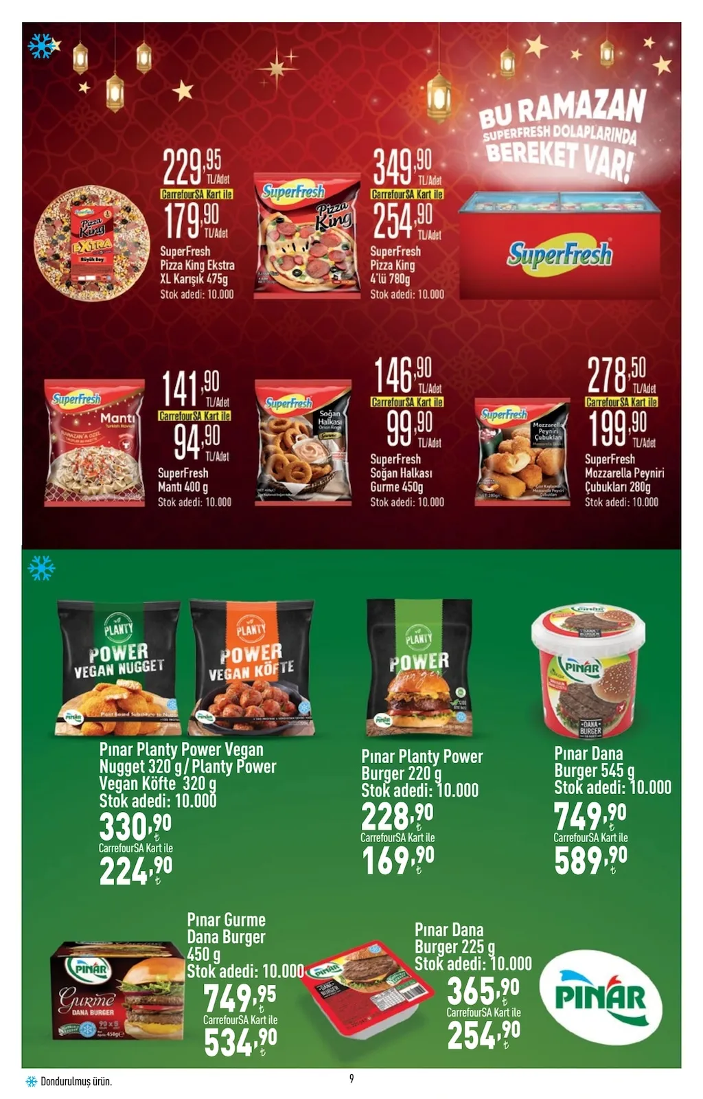 CarrefourSA CarrefourSA 23 Mart 2026 Aktüel Kataloğu sayfa 9: Pınar Planty Power Vegan Nugget 320 G / Planty Power Vegan Köfte 320 G, Pınar Planty Power Burger 220 G