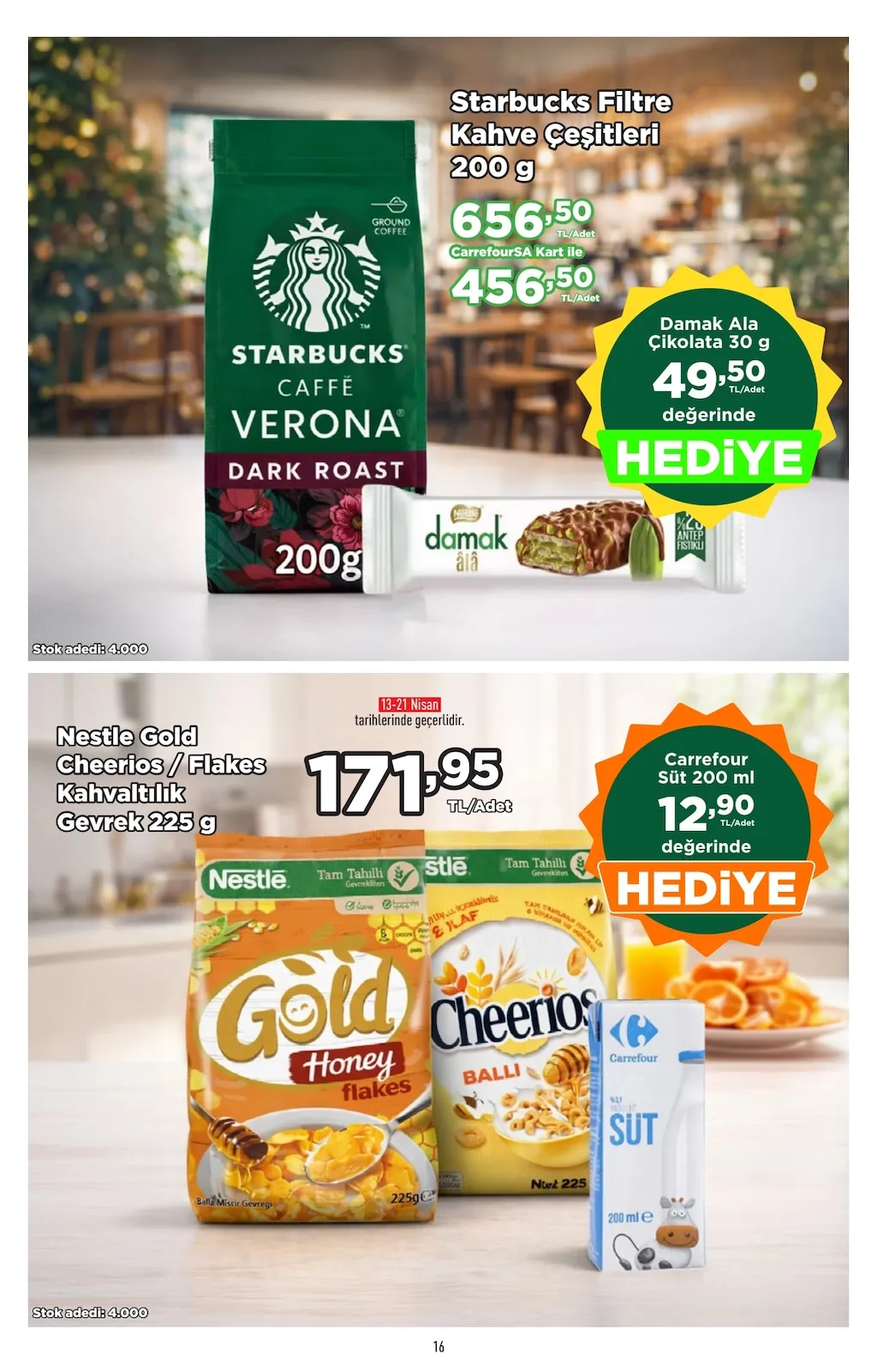 CarrefourSA CarrefourSA 9 Nisan 2026 Aktüel Kataloğu sayfa 16: Nestle Gold Cheerios/ Flakes Kahvaltilik Gevrek 225 G, Starbucks Filtre Kahve Cesitleri 200 G