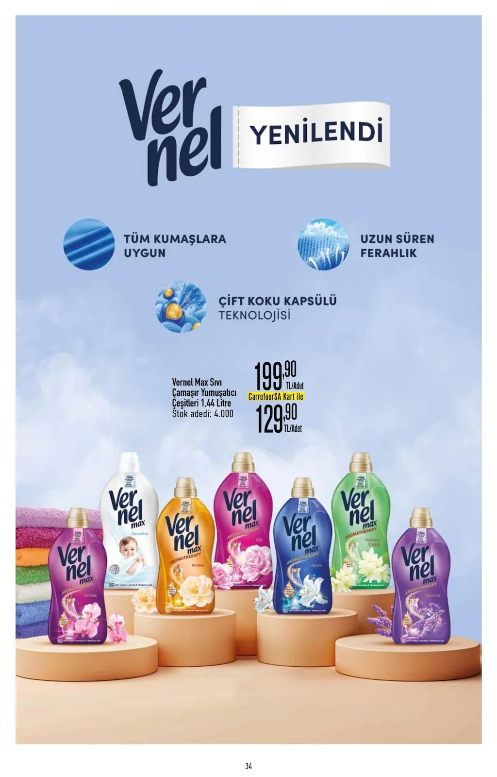 CarrefourSA CarrefourSA 9 Nisan 2026 Aktüel Kataloğu sayfa 34: Vernel Max Sıvı Çamaşır Yumuşatıcı Çeşitleri 1,44 Litre