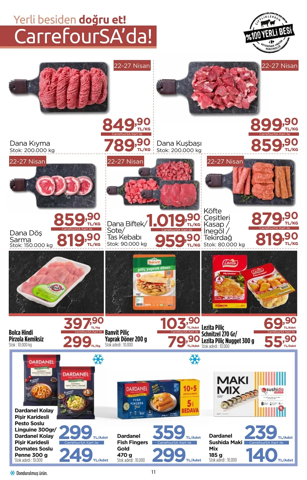 CarrefourSA CarrefourSA 22 Nisan 2026 Aktüel Kataloğu sayfa 11: Dana Biftek/ Sote/ Taş Kebabı 1 Kg, Köfte Çeşitleri Kasap / İnegöl / Tekirdağ 1 Kg