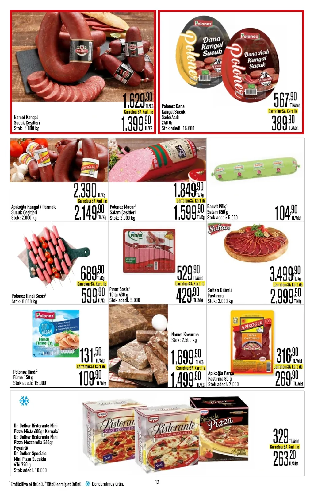 CarrefourSA CarrefourSA 22 Nisan 2026 Aktüel Kataloğu sayfa 13: Pınar Sosis 10'Lu 430G, Apikoğlu Paça Pastırma 80G